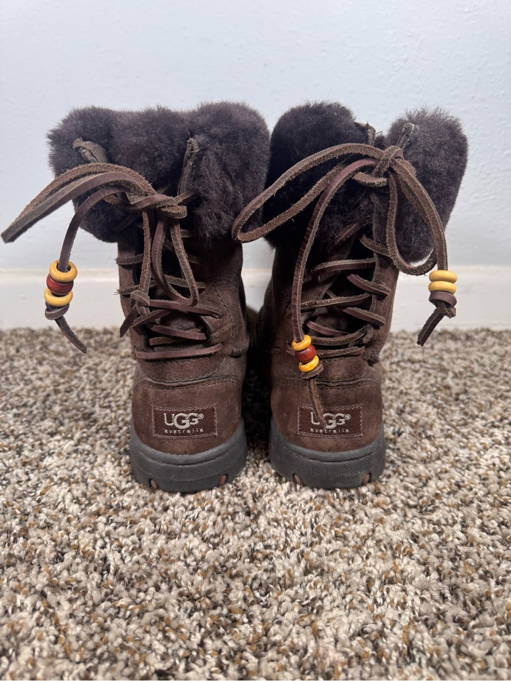 UGG Dark Brown Suede Shearling Lace-Up Boots with Bead Accents